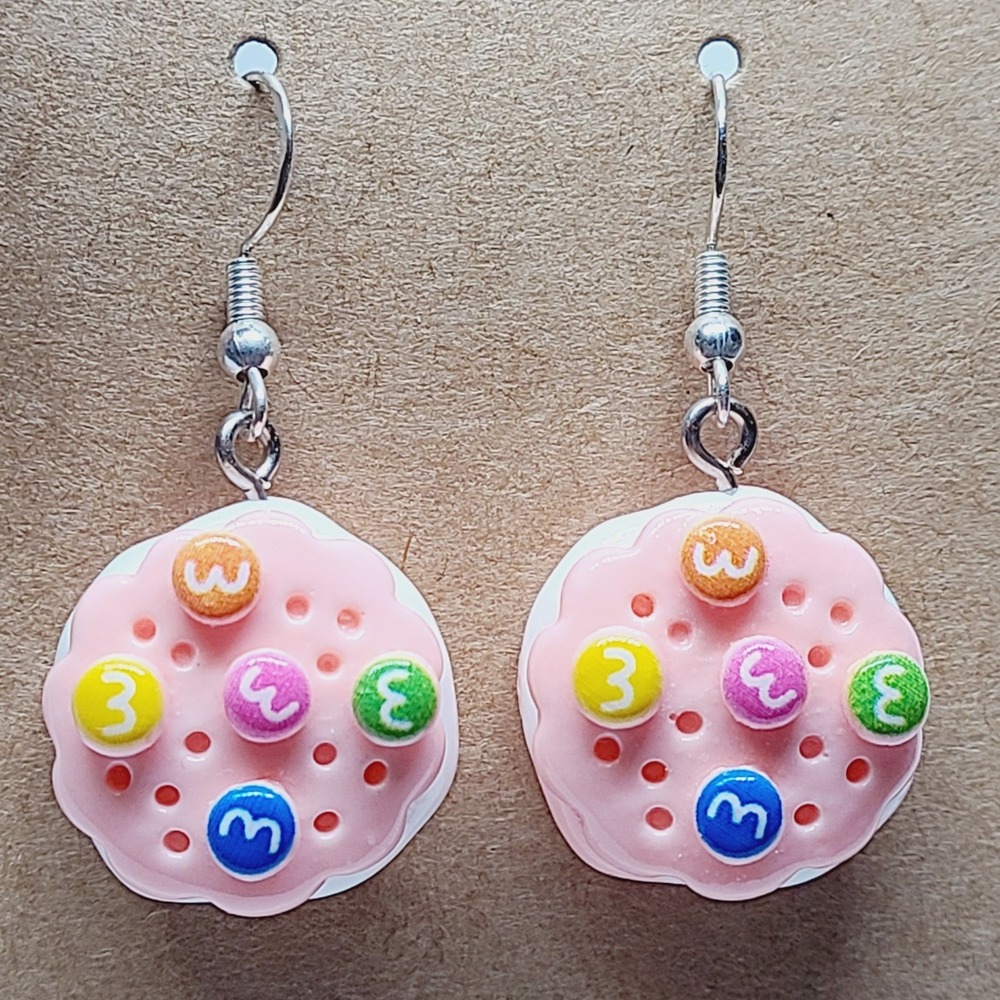 Handmade Pink Sandwich Cookie Drop Earrings Food Jewelry Candy Accents